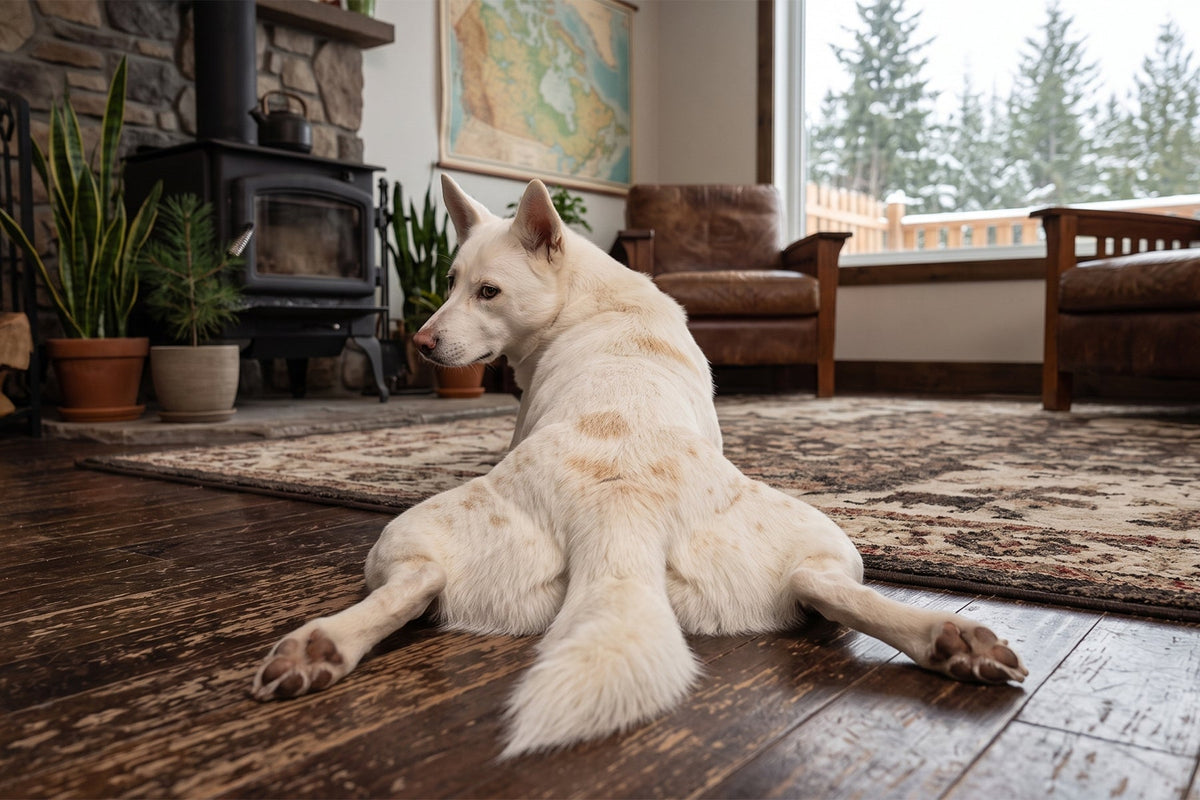 White dog sitting with hind legs extended showing hip discomfort