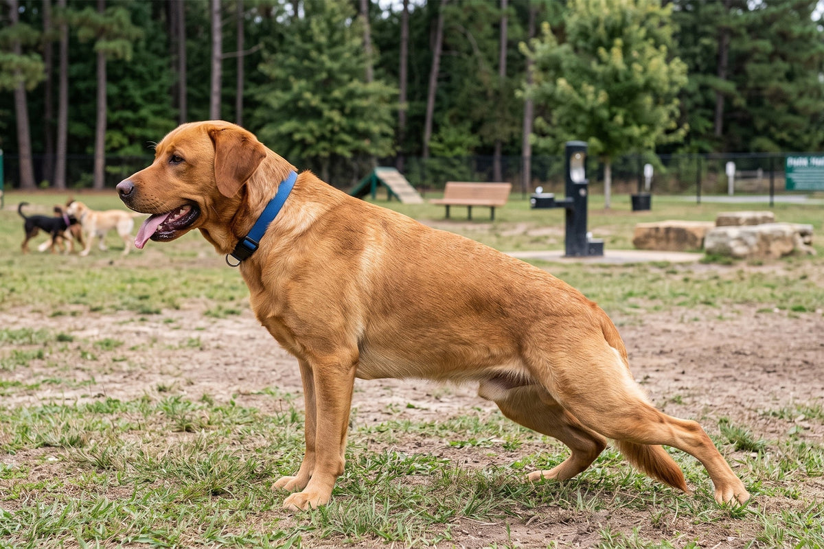 Dog stretching its hind leg at an outdoor park