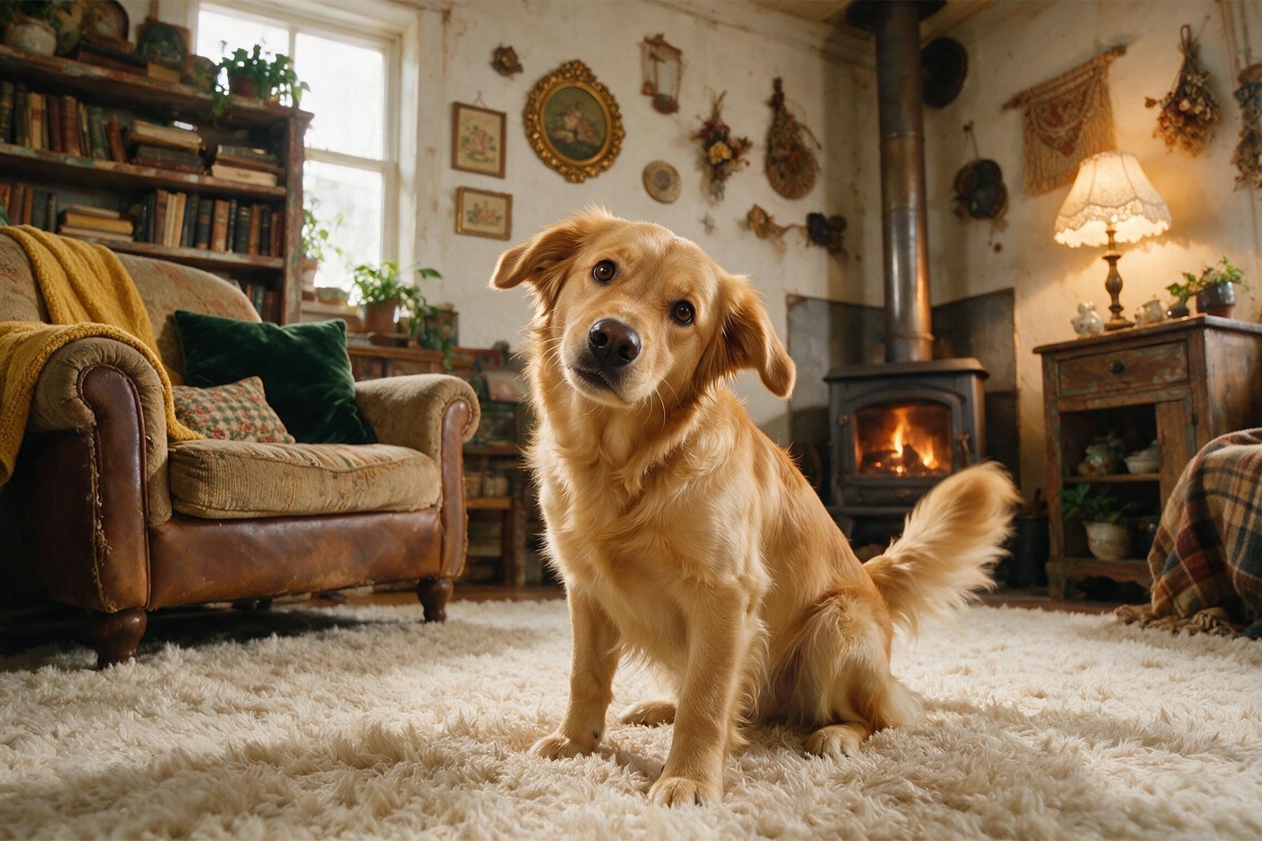 A Golden Retriever sitting on a shag rug in a cozy living room with a head tilt.