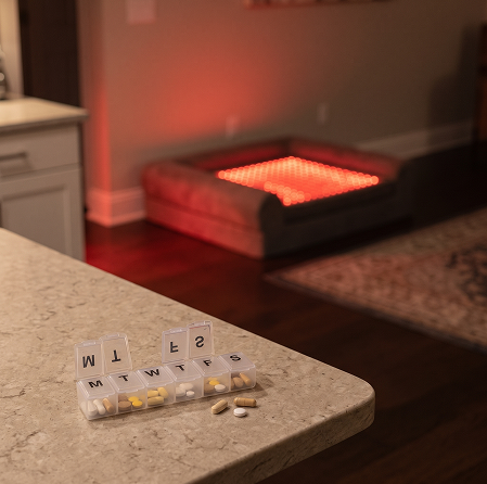 A close-up shot of a daily pill organizer filled with medication on a textured kitchen counter surface. The background is softly blurred, showing a pet bed illuminated with a gentle buddie light therapy glow in another room