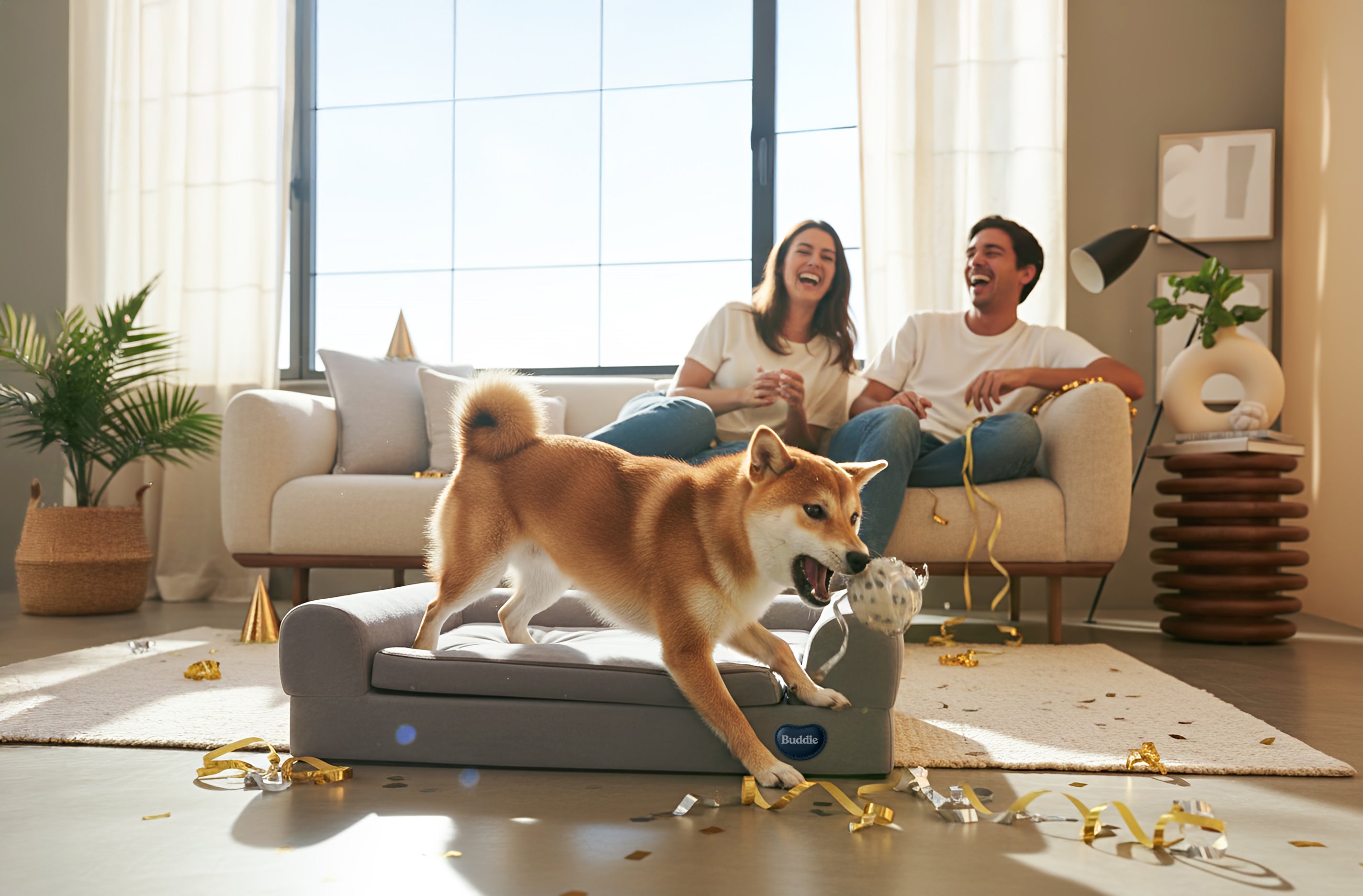 Happy healthy dog playing on Buddie™ Therapy Bed in a bright living room while pet parents relax on the sofa, demonstrating red light and PEMF therapy for dogs to support mobility, relieve winter joint stiffness, reduce dog joint pain and arthritis discomfort, and improve everyday comfort during cold weather