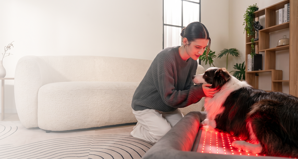 A woman gently petting her Border Collie dog as it lies on a therapeutic buddie light therapy bed in a modern living room.
