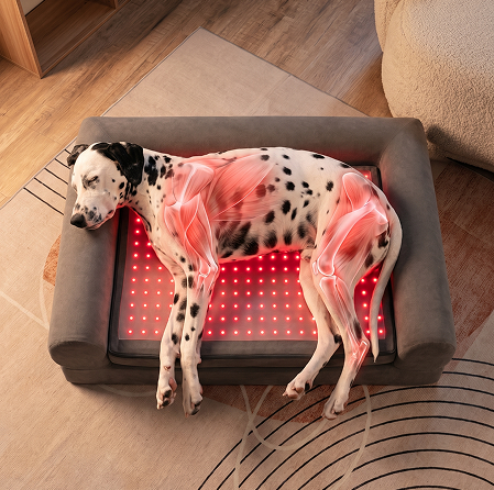 Buddie Therapy A Dalmatian dog lying on a therapeutic buddie light therapy bed with graphic overlays highlighting joint and muscle relief across its body