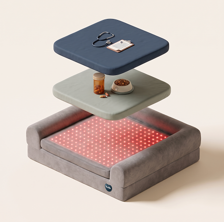 Buddie Therapyv An exploded-view diagram showing the layers of a therapeutic pet bed, including a light therapy base, middle padding layer with accessories, and a top cushion cover.