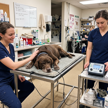 Buddie Therapy Two veterinary professionals in scrubs attending to a brown dog lying on an examination table while using a specialized therapeutic device in a veterinary clinic.
