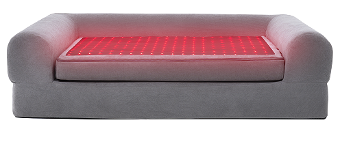 A gray upholstered pet sofa bed with a raised cushion and a glowing red LED light therapy panel on top, shown against a plain white background.