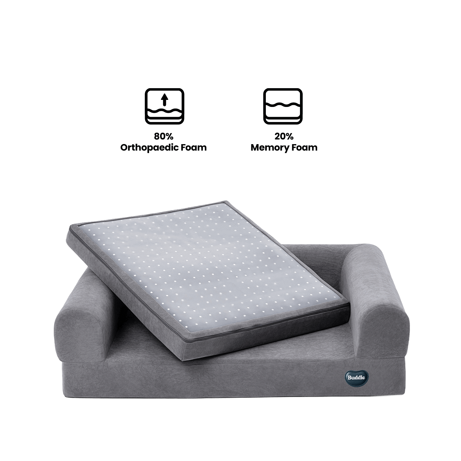 Beddie dog bed with 80 percent orthopedic foam and 20 percent memory foam for joint support and comfort