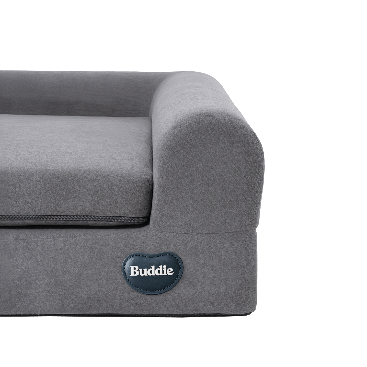  Close-up of a grey orthopedic memory foam pet bed with a plush bolster and the Buddie brand logo