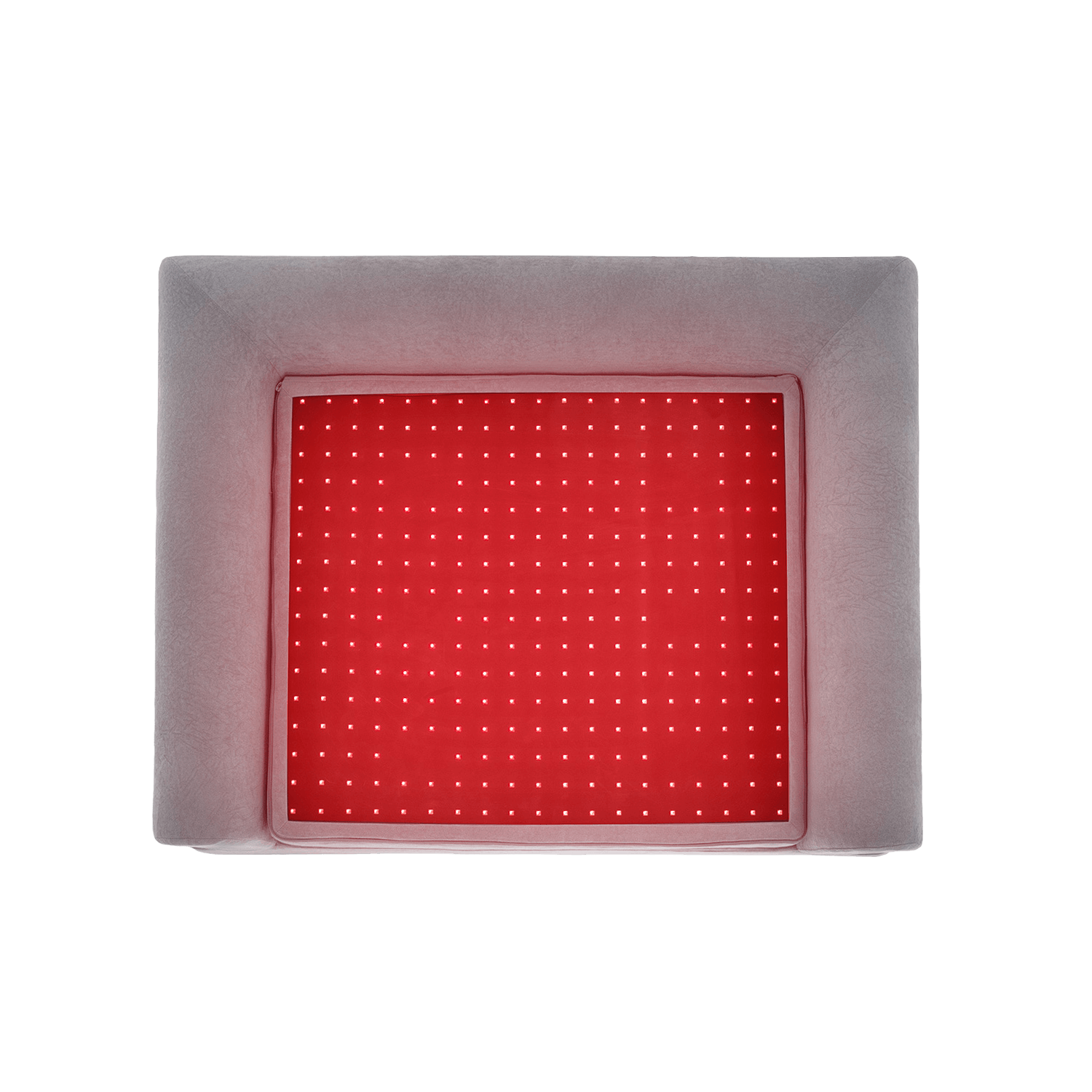 Top view of a therapeutic red light therapy pet bed with an active LED light panel for dog and cat joint relief.